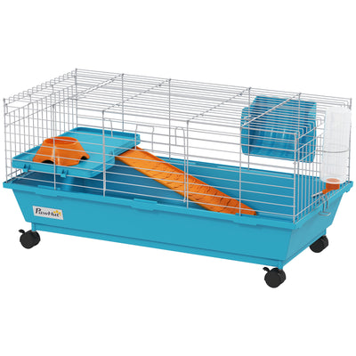 Small Animal Cage with Deep Base and Easy Access Doors for Rabbits and Guinea Pigs Blue AOSOM