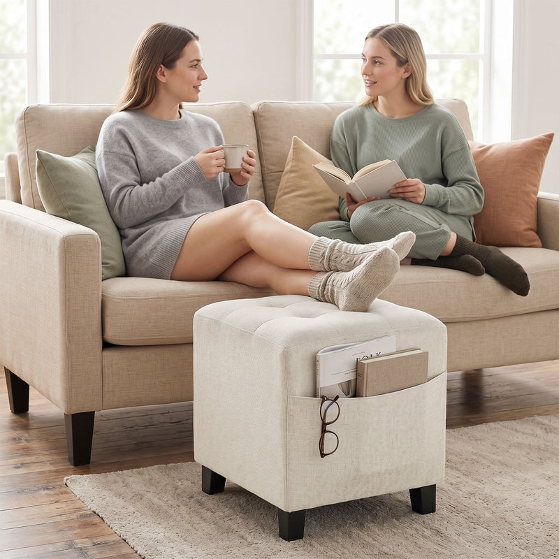 Storage Footstool with Side Pocket for Small Spaces and Extra Comfort