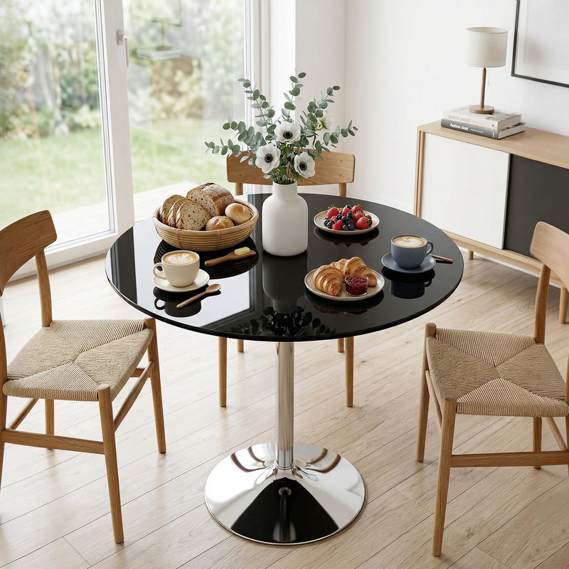 4 Seat Round Glass Dining Table for Everyday Meals with Stable Metal Base Black Homcom