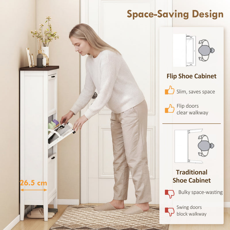 Slim Shoe Storage Cabinet for Narrow Hallways with Flip Drawers and Adjustable Shelves White Homcom