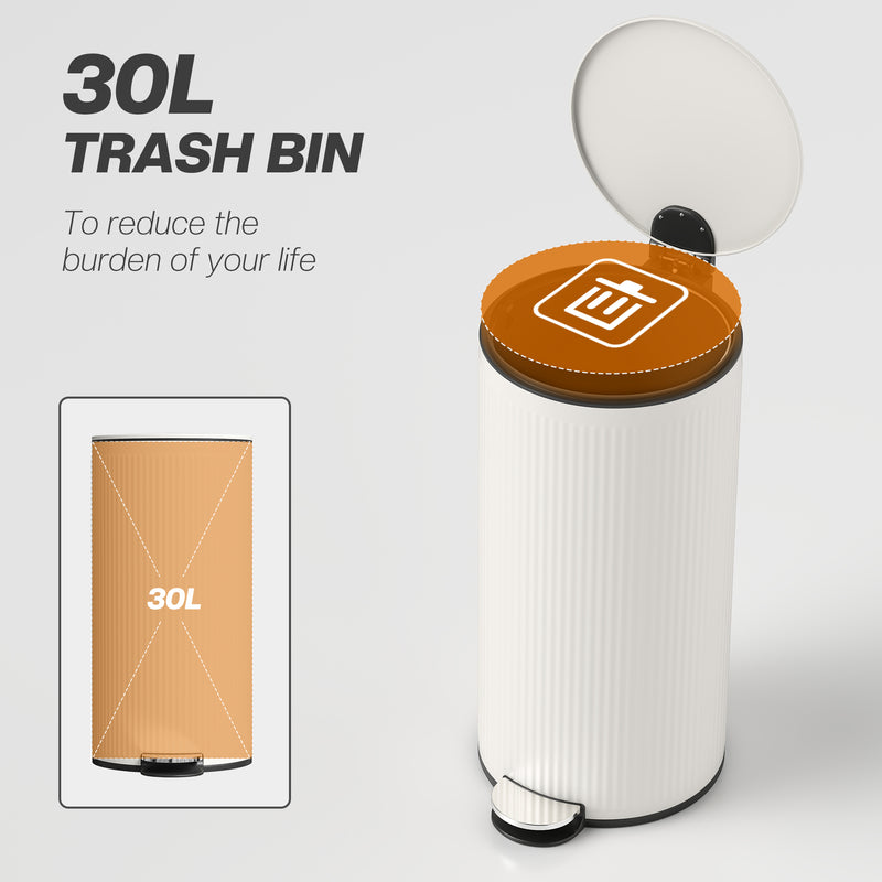Kitchen Pedal Bin 30L with Soft Close Lid and Removable Inner Bucket Cream Homcom
