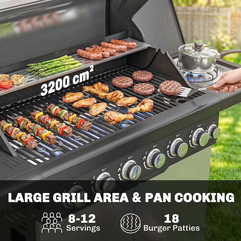6 Burner Gas BBQ Grill With Side Burner for Easy Outdoor Cooking and Entertaining in the Garden Silver Tone Outsunny