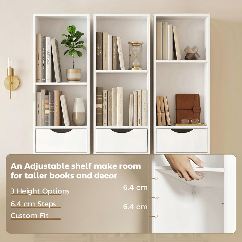 Slim Corner Bookcase with Shelves Drawers and Cabinet for Compact Home Storage White AOSOM