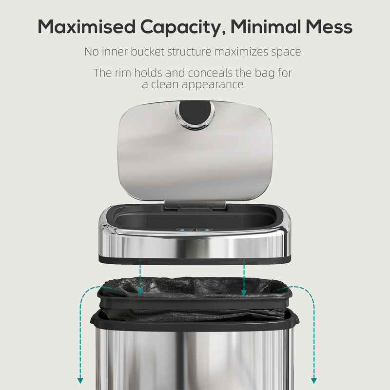 50L Touchless Kitchen Rubbish Bin with Motion Sensor Lid for Home or Office Silver