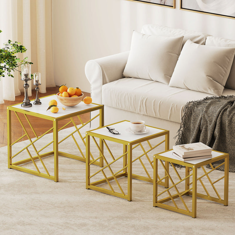 Coffee Tables, Nesting Coffee Tables for Living Room Set of 3 - Gold Metal Frame & White Tops