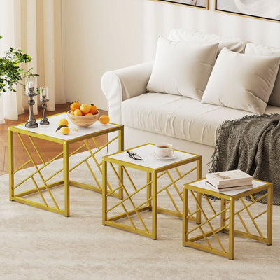 Coffee Tables, Nesting Coffee Tables for Living Room Set of 3 - Gold Metal Frame & White Tops Homcom