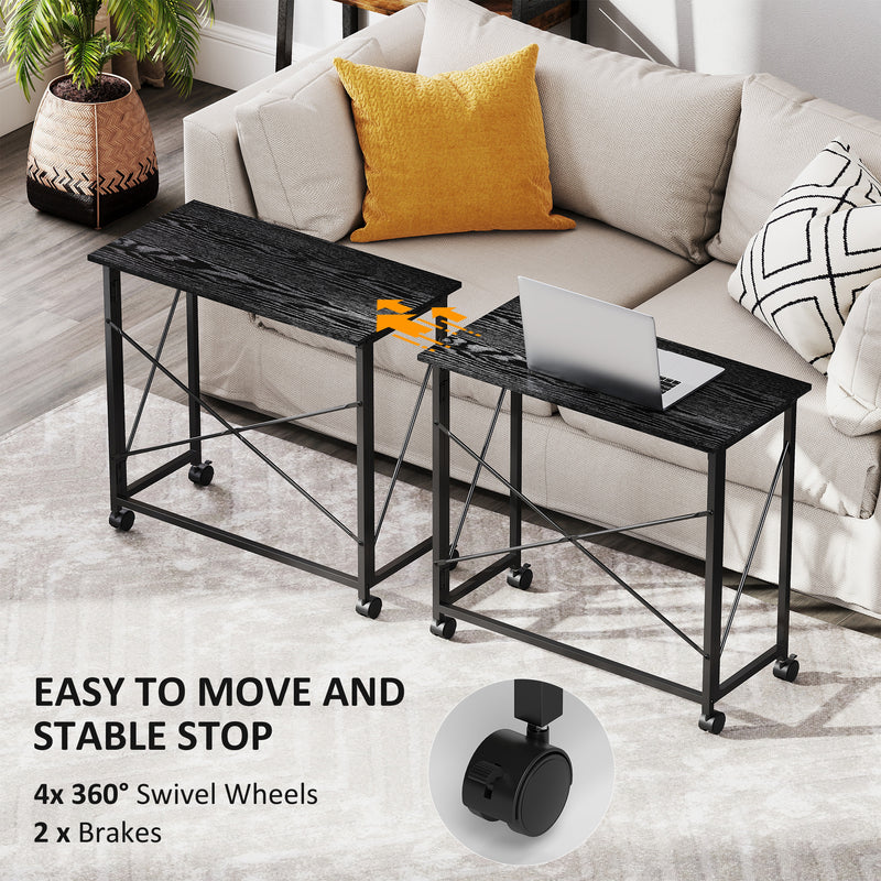 Black 80cm Folding Desk on Wheels for Home Office or Study Space Saving Design
