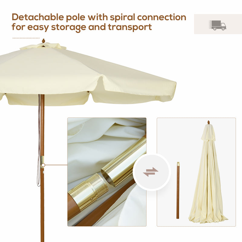 Beige 3.3m Garden Parasol With Wood Pole And Ruffled Canopy For Sun Protection