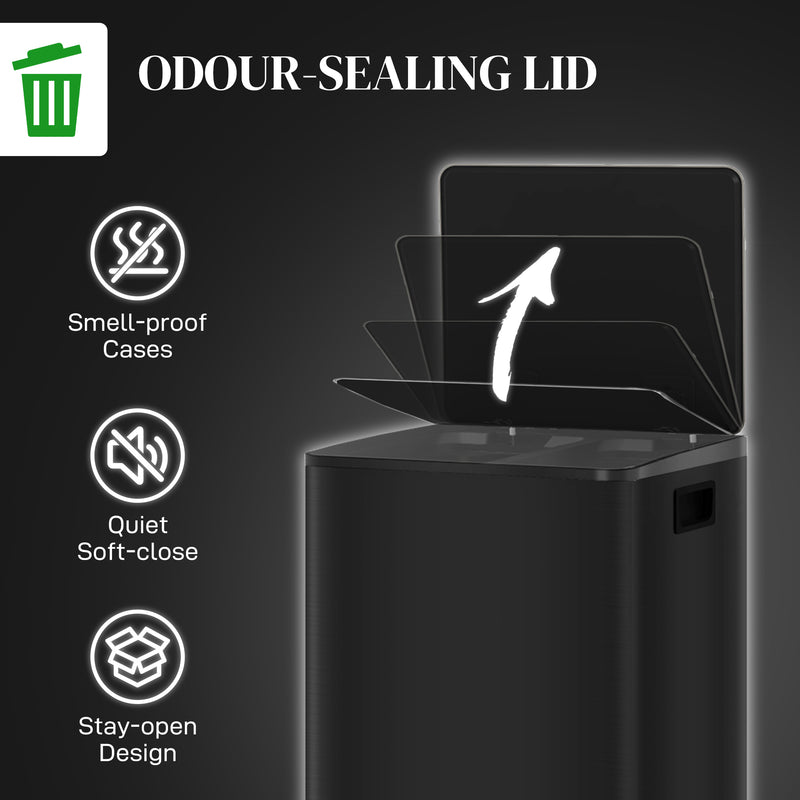 Black 50L Dual Compartment Indoor Kitchen Recycling Bin with Deodorisers - Stainless Steel