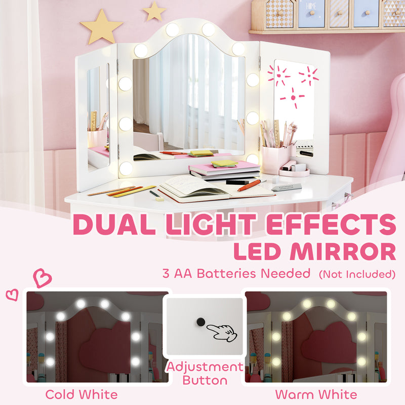 Kids Vanity Table and Stool Set with LED Lights and Folding Mirror for Bedroom White