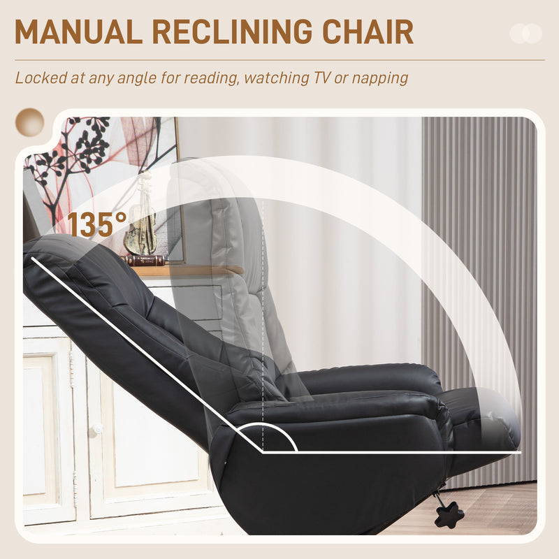 Black Faux Leather Reclining Armchair with Matching Footstool and Curved Wood Base for Living Room