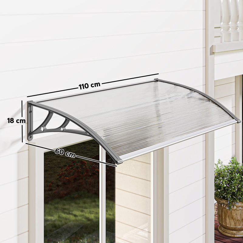 110x60cm Curved Outdoor Door Canopy Rain Shelter With UV Protection For Porch Window Or Entryway, Grey Polycarbonate