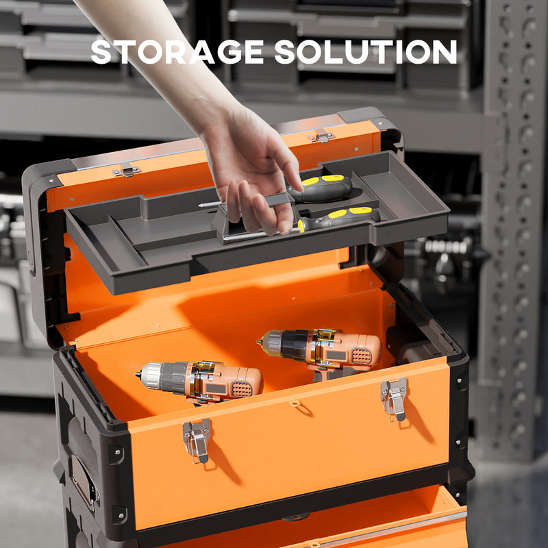 3 in 1 Stackable Rolling Tool Box Orange With Wheels For Easy Garage Organisation