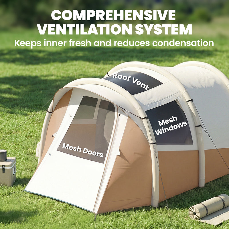 Inflatable Two Room Camping Tent for Quick Five Minute Setup Waterproof for 2 to 3 People Khaki Beige