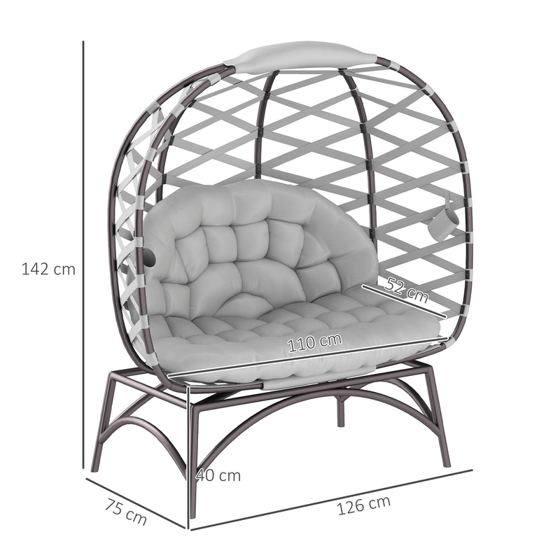 Light Grey 2 Seater Egg Chair Folding Rattan Garden Chair with Cushion and Cup Pockets by Outsunny