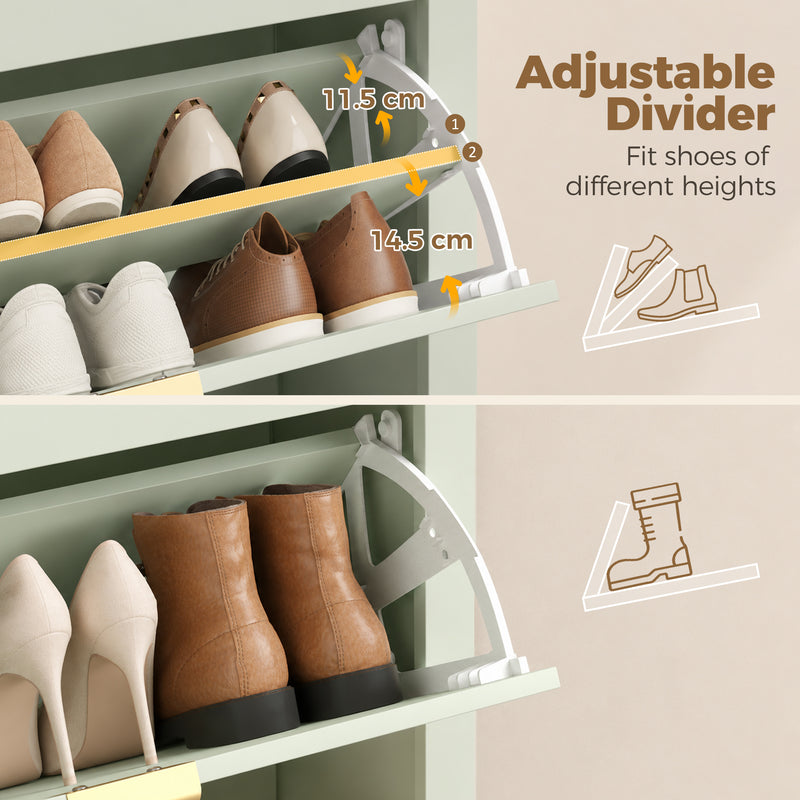 Slim Shoe Cabinet for Hallway Storage with 3 Flip Drawers and Adjustable Shelves Light Green