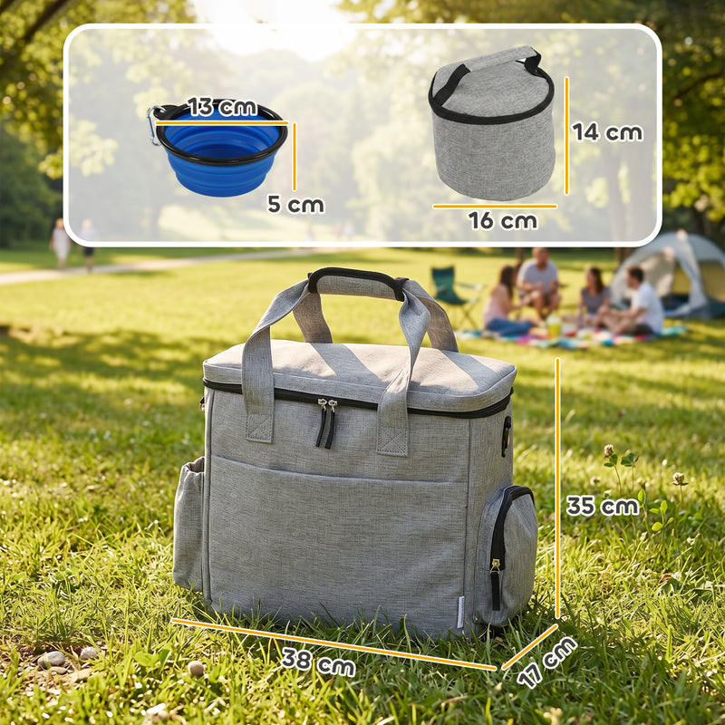 Pet Travel Organiser Bag with Insulated Food Containers and Collapsible Bowl Light Grey