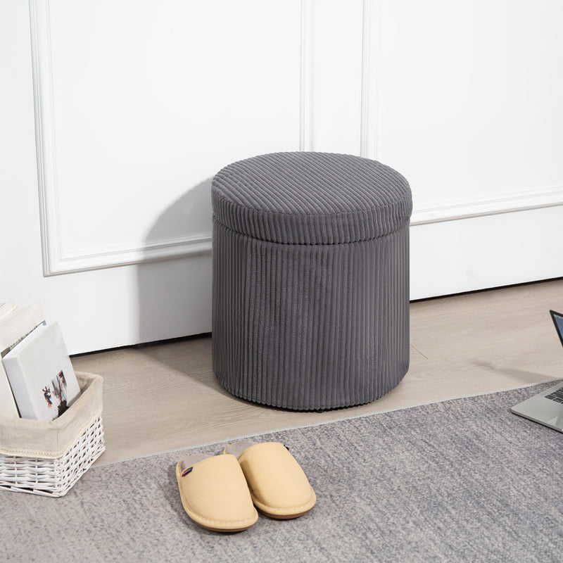 Grey 40cm Round Storage Ottoman Corduroy Footstool with Removable Lid and Legs by HOMCOM
