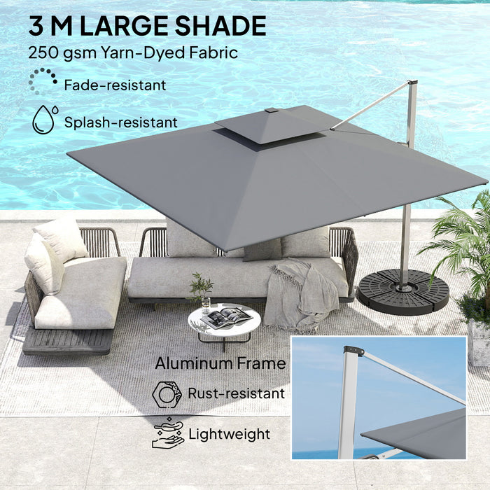 Grey 3m Garden Cantilever Parasol with Solar LED Lights and 360 Degree Rotation by Outsunny