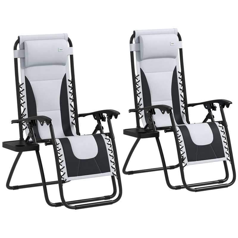Set of 2 Grey Zero Gravity Outdoor Lounger Chairs With Padded Seat and Cup Holder by Outsunny