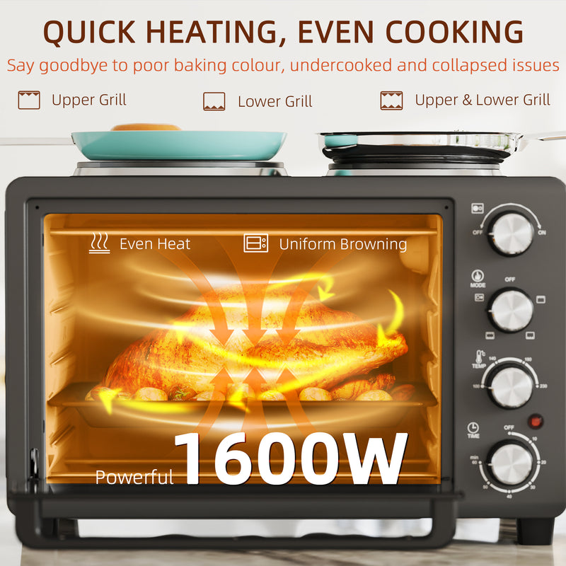 Black 28L Mini Oven with Hot Plates Grill Bake Roast Boil 2600W by HOMCOM