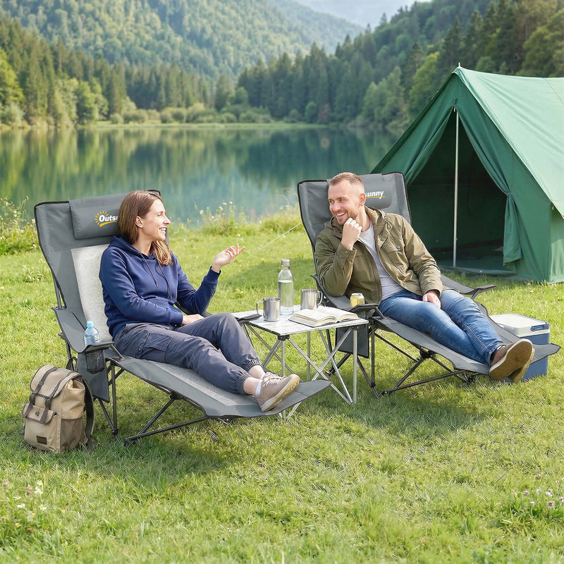 Set of 2 Reclining Camping Chairs for Shared Outdoor Comfort with Cup Holders Grey Black