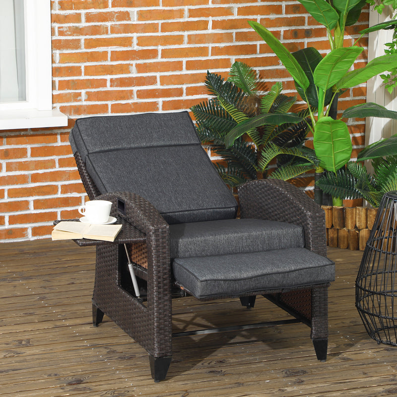 Grey Outdoor Reclining Garden Chair with Footrest Cushion and Side Tray for Relaxing