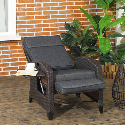 Grey Outdoor Reclining Garden Chair with Footrest Cushion and Side Tray for Relaxing