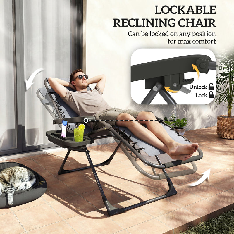Outsunny Zero Gravity Chairs Set of 2, Folding Sunloungers Reclining Garden Chairs with Cup Holder, Headrest, Dark Grey AOSOM