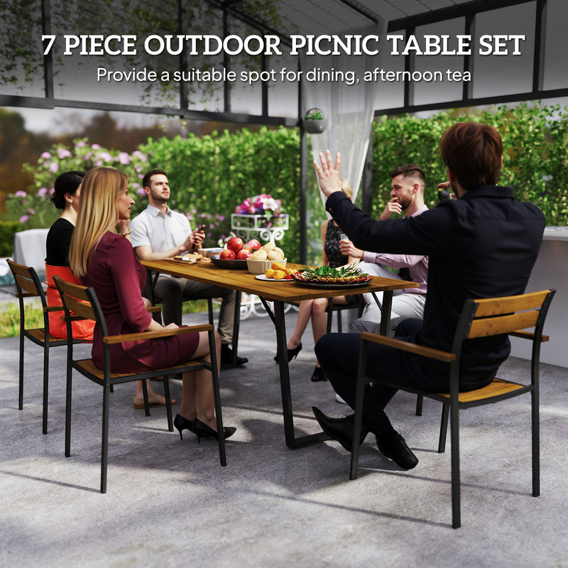 Brown 7 Piece Wooden Outdoor Dining Set with Table and Stackable Chairs