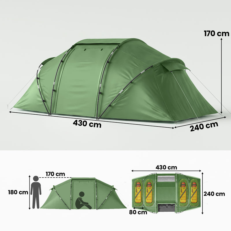 Outsunny 4 Man Camping Tent, UV Protection Tunnel Tent with 2 Bedrooms and Living Area, Large Hiking Sun Shelter, 430 x 240 x 170 cm, Dark Green