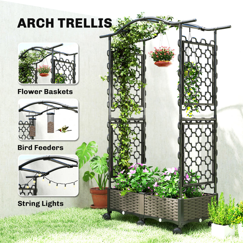 Raised Garden Planter with Trellis Arch and Wheels for Climbing Plants and Easy Movement, Black Outsunny