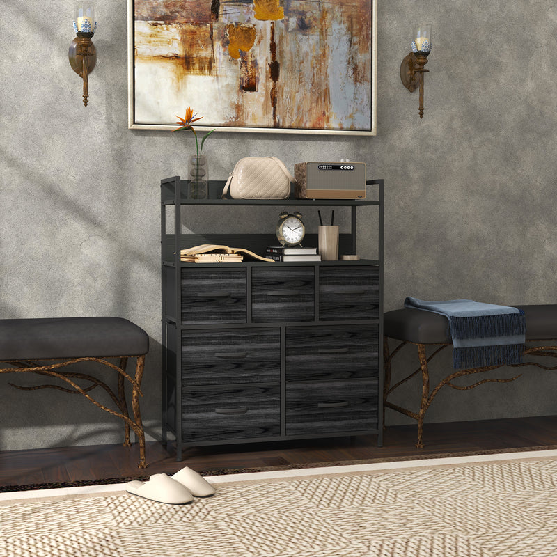 Rustic Chest of 7 Fabric Drawers with Metal Frame Black by HOMCOM