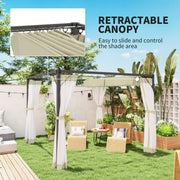 3 x 3m Aluminium Retractable Pergola with Khaki Roof and Curtains by Outsunny