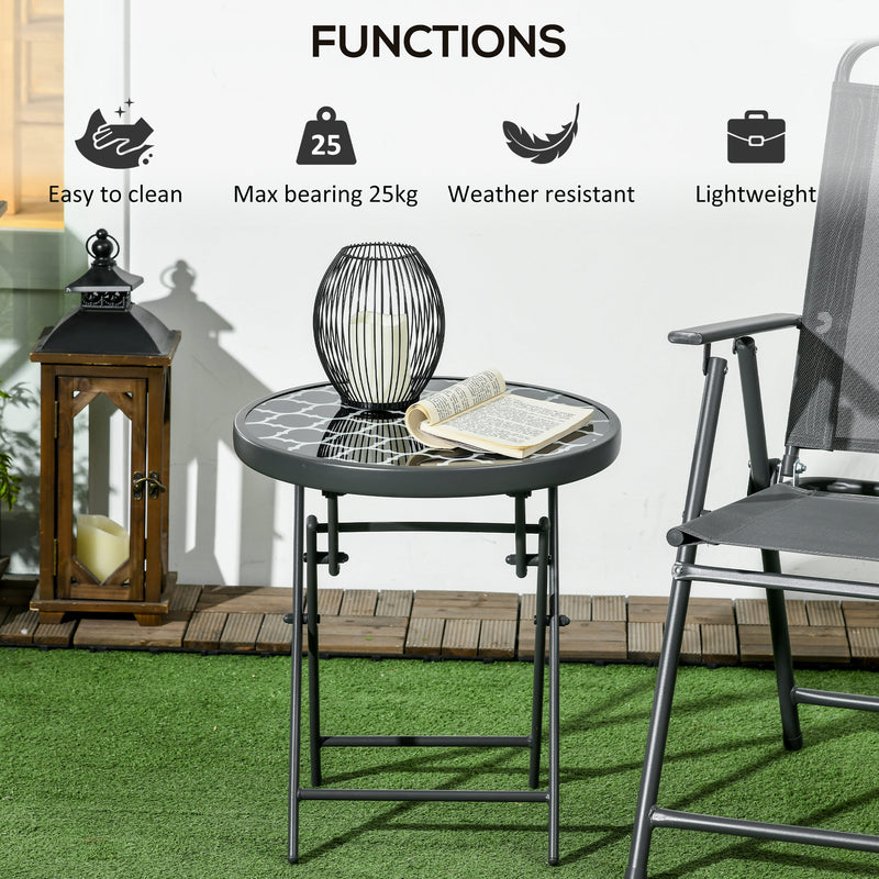 Round Folding Garden Side Table with Marble Effect Glass Top for Patio or Balcony Use
