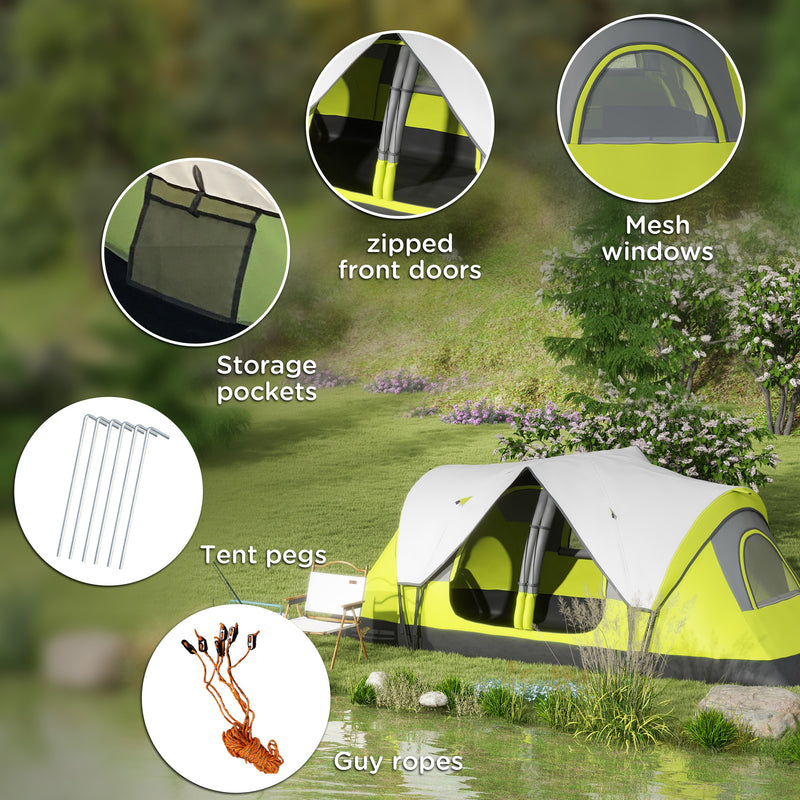 6 Person Waterproof 2 Room Family Camping Tent with Storage Pockets and Mesh Windows Yellow