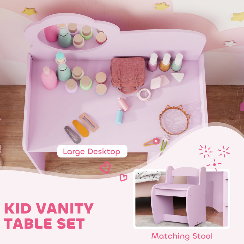Kids Vanity Dressing Table with Mirror and Storage Shelves Includes Stool Ages 3 to 8 Purple