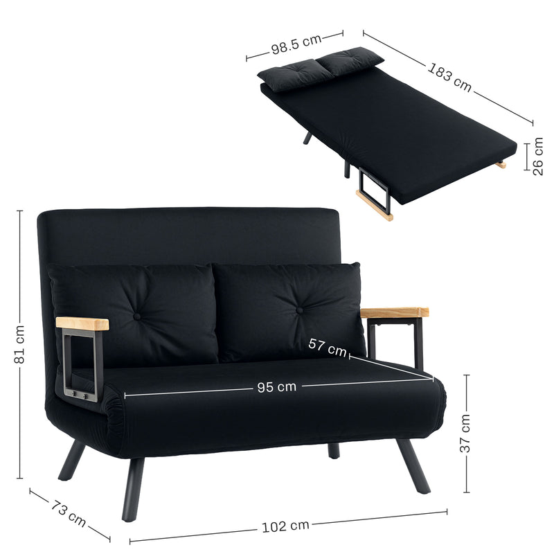 Black 4 in 1 Velvet Feel Double Sofa Bed with Pillows by HOMCOM