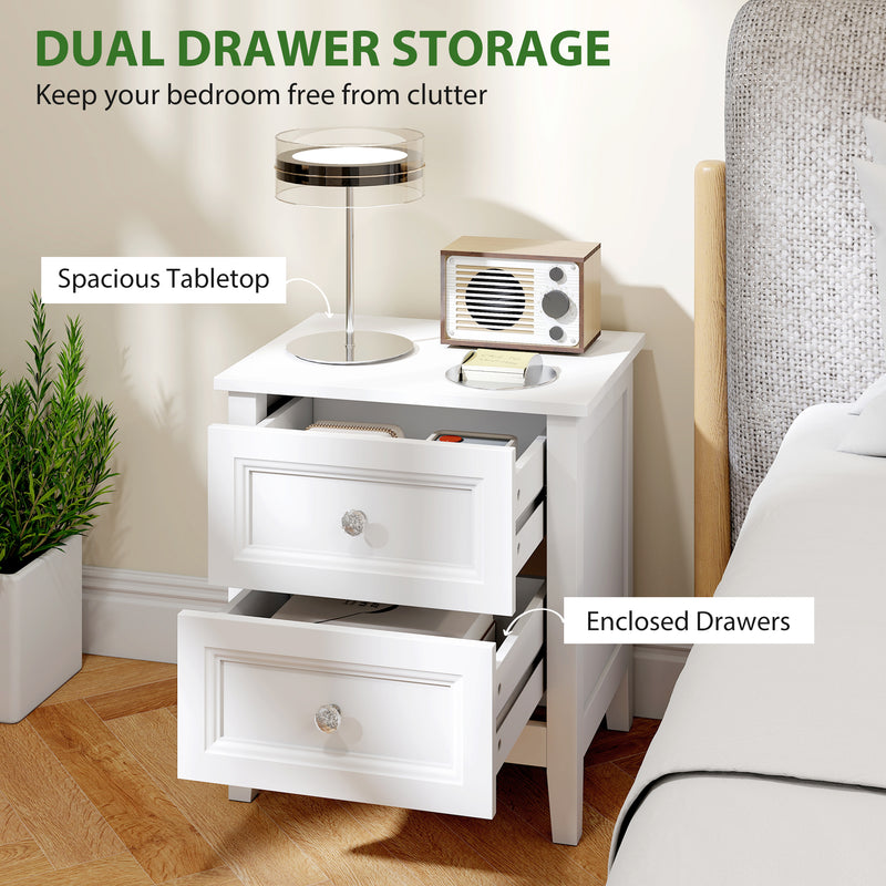 Bedside Table with 2 Drawers for Organised Bedroom Storage White Homcom