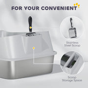 XXL Stainless Steel Cat Litter Box with High Sides and Scoop for Easy Cleaning, Silver