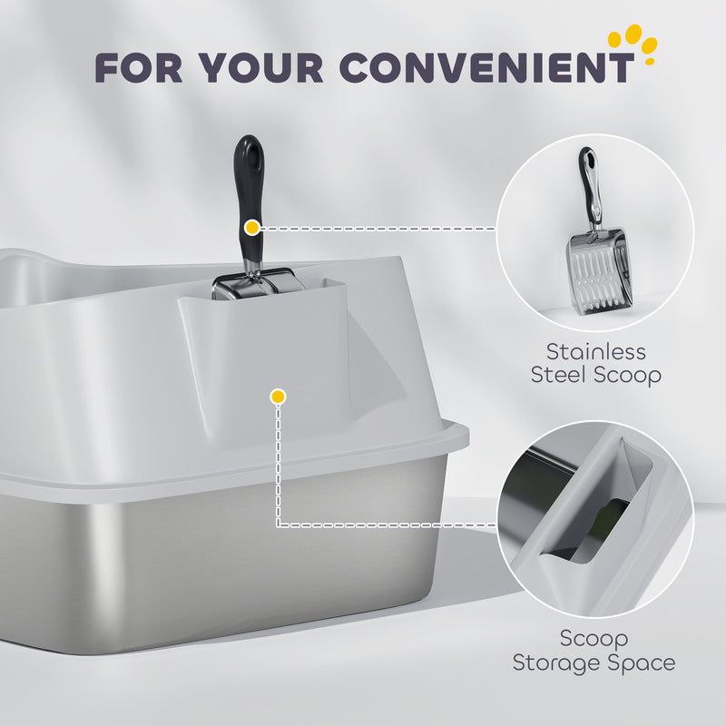 XXL Stainless Steel Cat Litter Box with High Sides and Scoop for Easy Cleaning, Silver