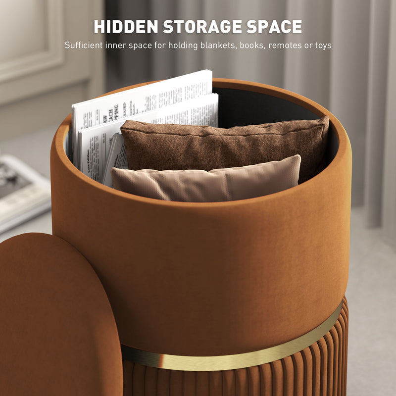 Brown Velvet Feel Round Storage Ottoman with Padded Seat by HOMCOM