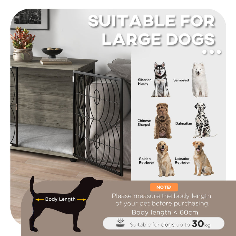 Large Dog Crate End Table with Lockable Door and Washable Cushion for Indoor Use Grey