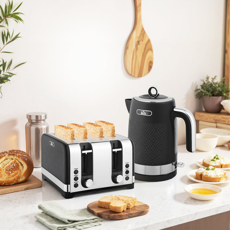 Four Slice Toaster and Kettle Set With Textured Finish Ideal for Modern Kitchens Black
