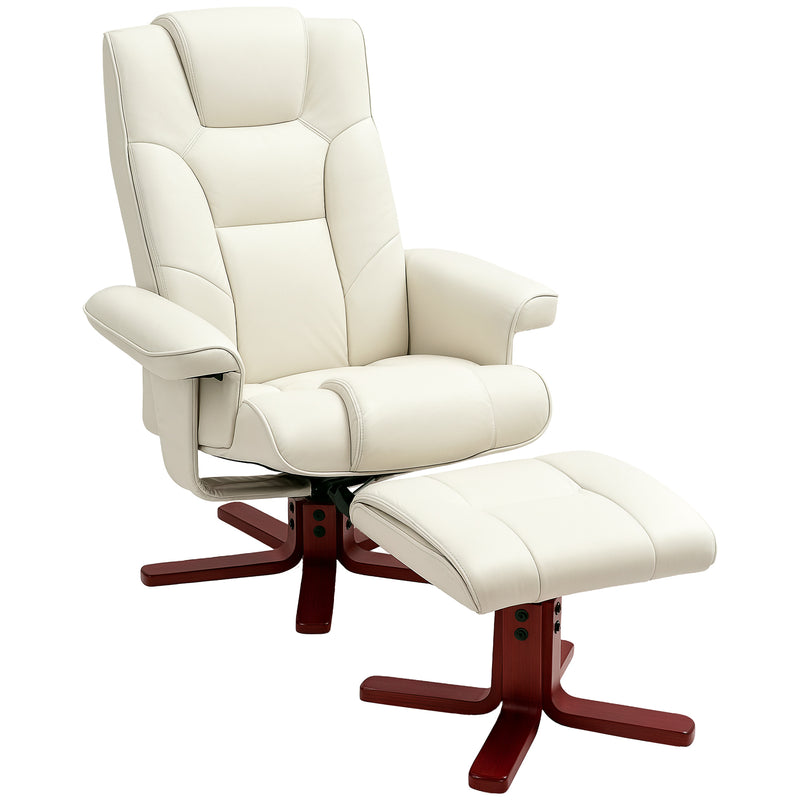 Reclining Chair and Footstool Set for Relaxing at Home with Padded Faux Leather Cream White