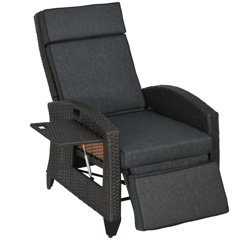 Grey Outdoor Reclining Garden Chair with Footrest Cushion and Side Tray for Relaxing