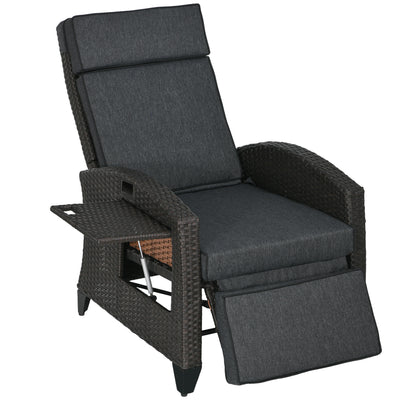 Grey Outdoor Reclining Garden Chair with Footrest Cushion and Side Tray for Relaxing