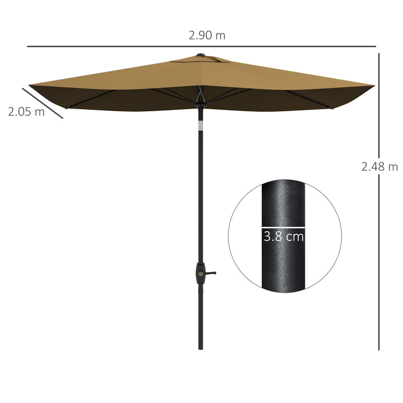 Brown 2 x 3m Rectangular Garden Parasol with Crank Tilt Aluminium Pole Sun Shade