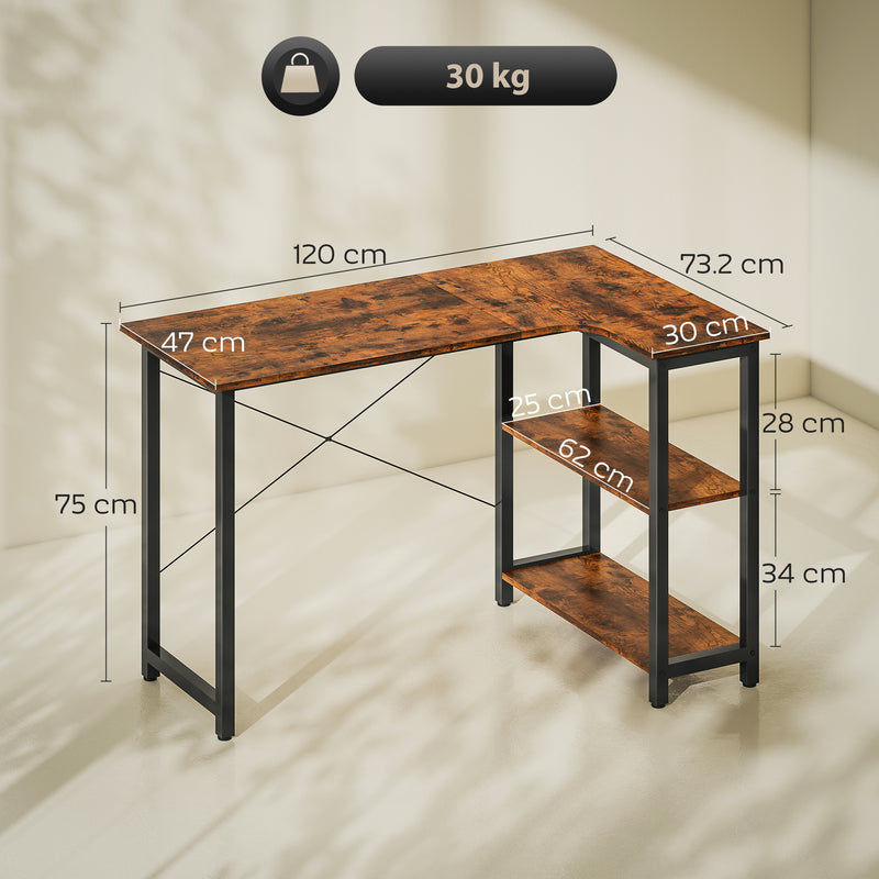 L Shaped Corner Desk with Shelves for Home Office Storage Rustic Brown