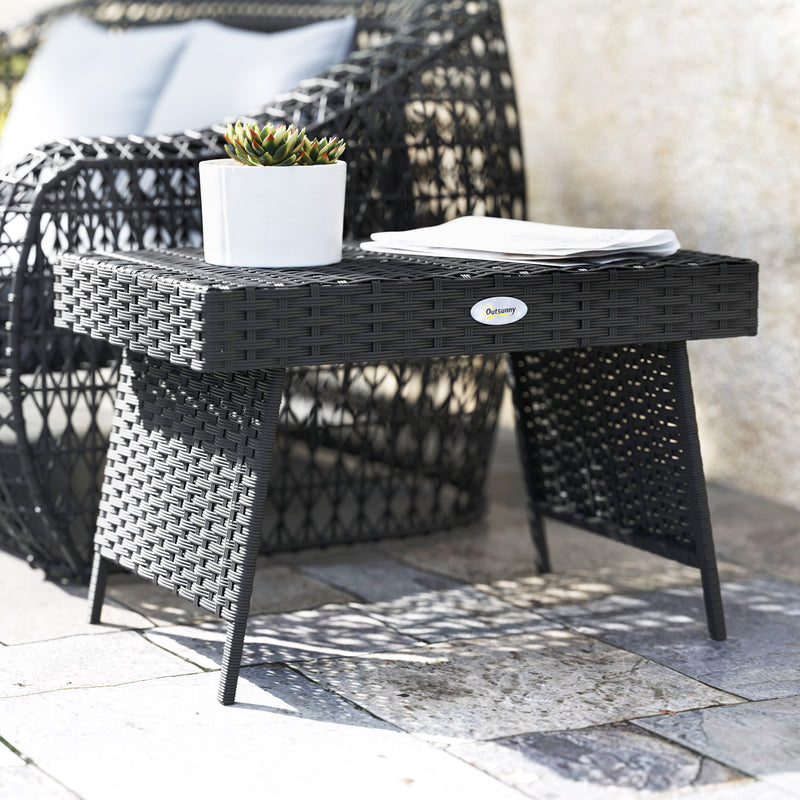 Foldable Outdoor Rattan Side Table with Steel Frame for Garden in Black by Outsunny